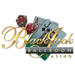 Blackjack Ballroom Casino logo with a golden script font overlaying images of playing cards and dice. The purpose of this image is to market there Live Casino Bonuses, offers and promotions. highlighting blackjack, roulette, Baccarat and Poker. Text below the logo reads: "Get up to £500 IN WELCOME MATCH BONUSES at Blackjack Ballroom! Receive up to £500 on your first 3 deposits: First deposit: 100% Match bonus up to £150. Second deposit: 50% Match bonus up to £200. Third deposit: 25% Match bonus up to £150."