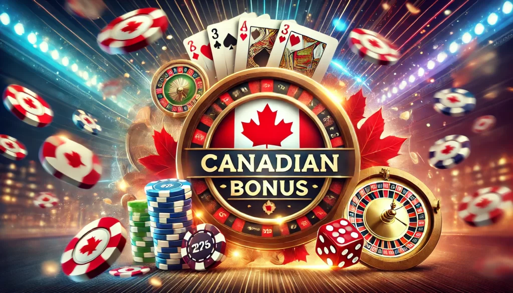 The image showcases a lively and colorful design emphasizing the theme of "Canadian Bonus" with a prominent red maple leaf symbol in the center. The background features an array of casino-related elements such as poker chips, playing cards, a roulette wheel, and dice, all set against a backdrop of dazzling lights and sparkling effects. The keywords "Casino Bonus" and "Canadian Bonus" are prominently displayed, highlighting enticing casino promotions and offers available in Canada.