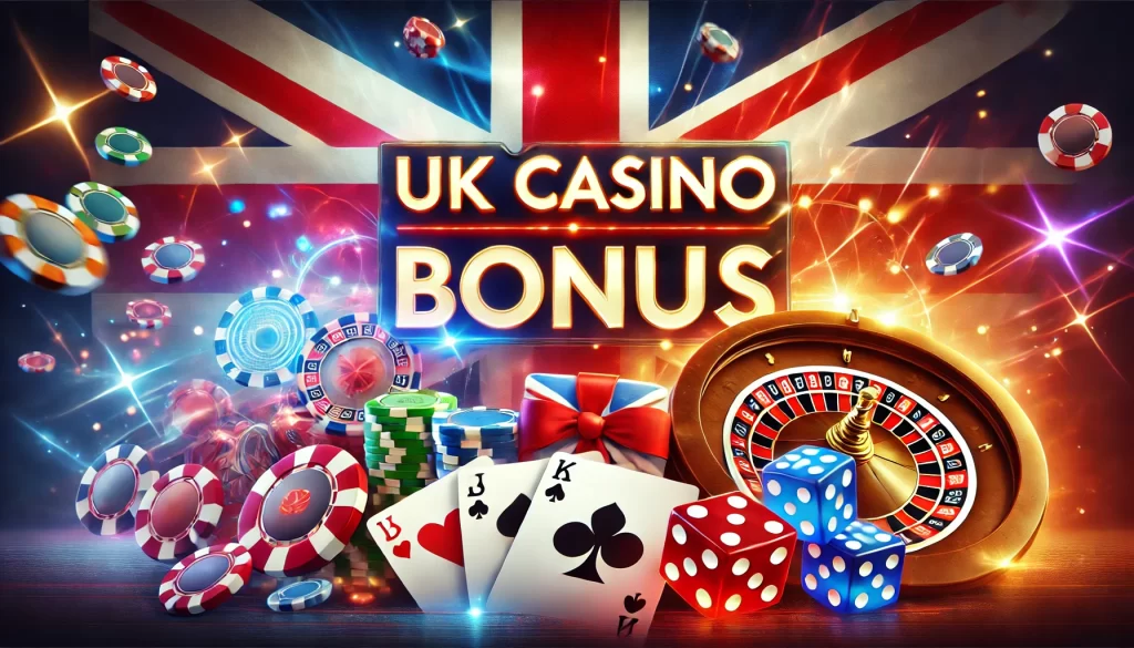 The image features a vibrant and dynamic design highlighting the theme of "UK Casino Bonus" with the Union Jack flag in the background. The visuals include various casino elements such as poker chips, playing cards, a roulette wheel, and dice, all set against a backdrop of bright lights and sparkling effects. The keywords "UK Casino Bonus" and "British Casino Bonus" are prominently displayed, emphasizing attractive casino promotions and offers available in the UK.